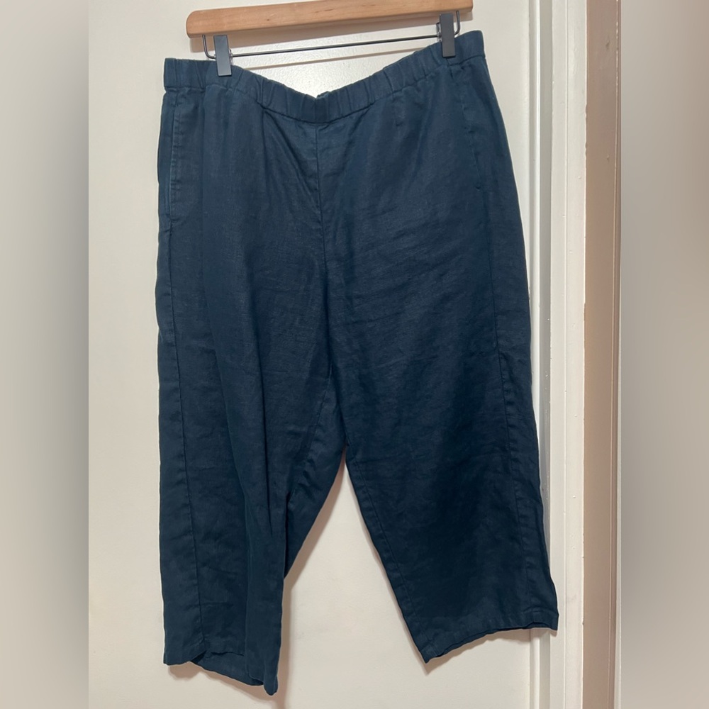J. Jill Love Linen Pull On Elastic Waist Capri Pants Navy Blue Petite Women's MP